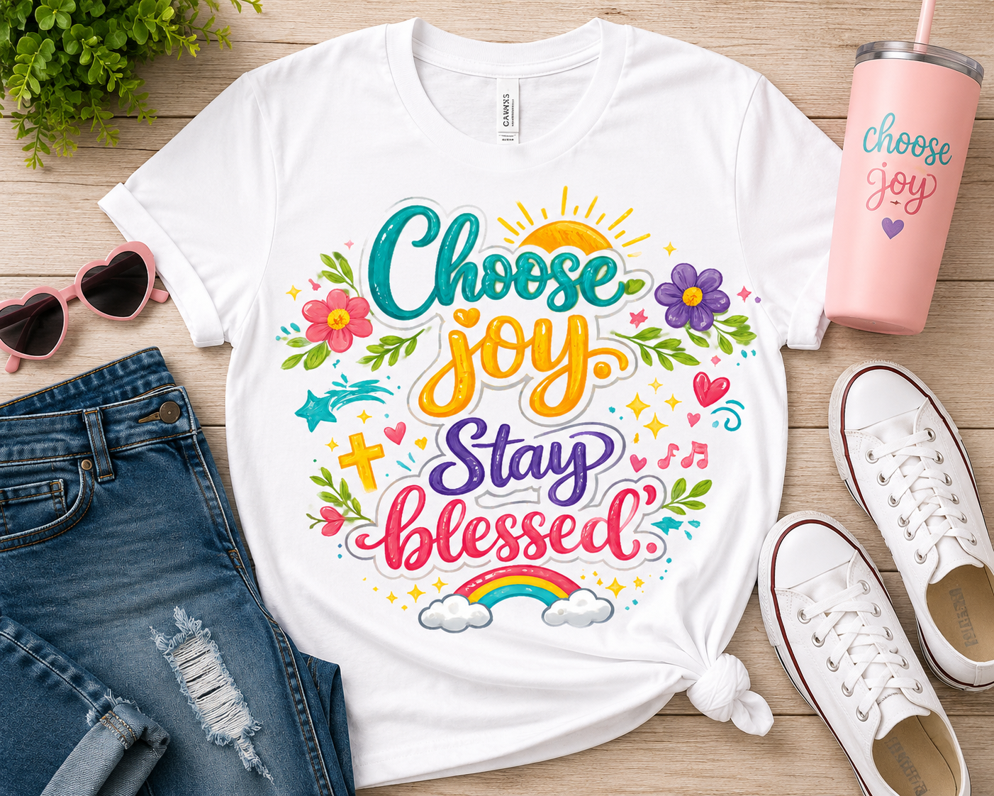 Choose Joy Stay Blessed Inspirational T-Shirt Colorful Positive Vibes Graphic Tee