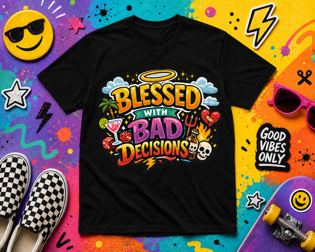 Blessed With Bad Decisions Unisex T-Shirt – Funny Graphic Tee, Bold Statement Shirt