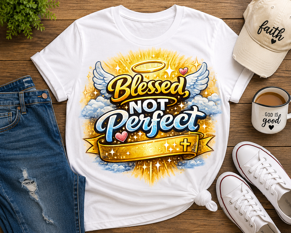 Blessed Not Perfect Christian Inspirational Graphic T-Shirt Faith-Based Positive Message Tee