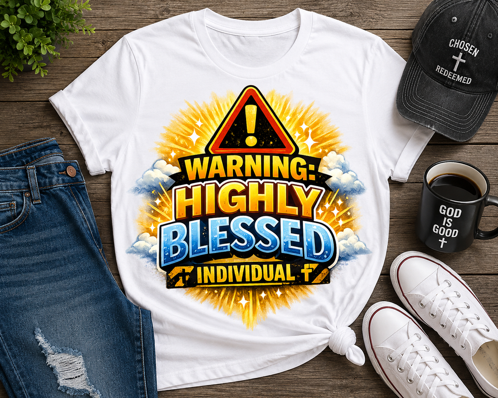 Warning Highly Blessed Individual Christian Graphic T-Shirt Bold Faith Statement Tee