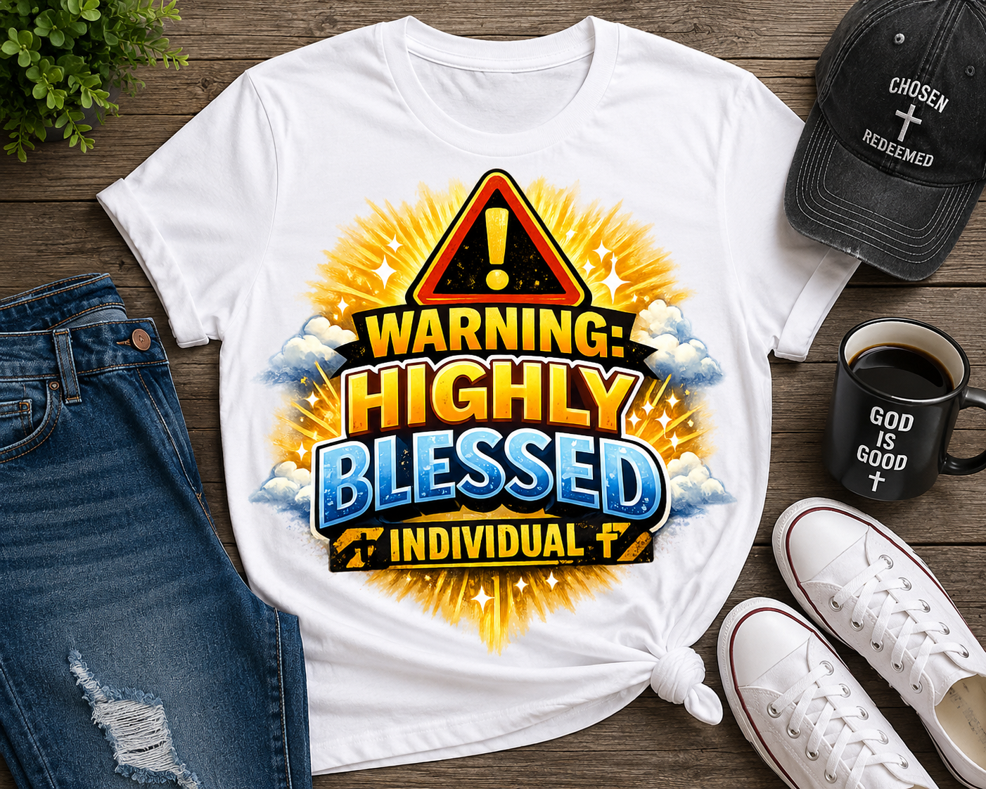 Warning Highly Blessed Individual Christian Graphic T-Shirt Bold Faith Statement Tee