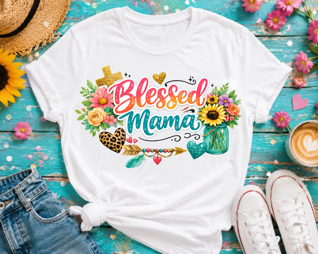 Blessed Mama Floral Boho T-Shirt – Faith Inspired Graphic Tee with Sunflowers & Leopard Heart